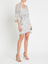 IRO Pommie Short Sleeved Faux Wrap Dress in Blue Abstract Print