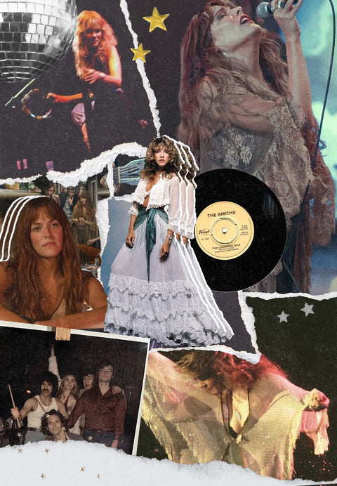 A collage of 1970s icons, musicians and stills from the TV show Daisy Jones & The Six