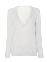 IRO Jayden Lace Trim V Neck Light Knit Sweater in White