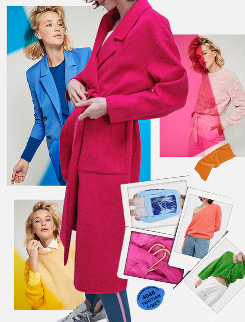 Colour Theory Fashion Collage. Add a pop of colour to your wardrobe. Bright pink coat, blue blazer, yellow knit. Wear the rainbow. 