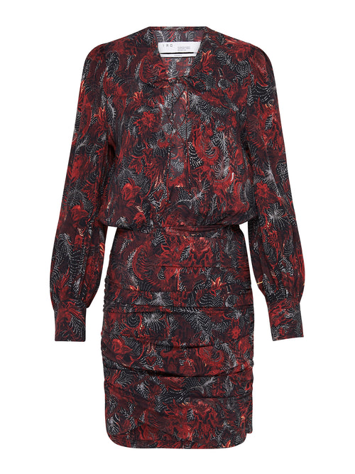 iro dress red Iro Appoline Long-Sleeve Damask Shift Dress, Red/Dark Navy