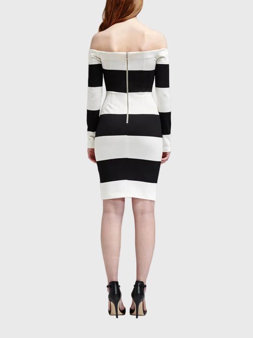 Nicholas Orchard Stripe Off Shoulder Long Sleeve Dress in Off White Black Order Of Style Nicholas Orchard Stripe Off Shoulder Long Sleeve Dress in Off White Black Order Of Style