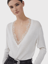 IRO Jayden Lace Trim V Neck Light Knit Sweater in White