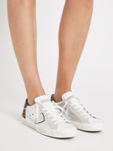 Philippe Model PRSX Low Sneaker in Mix Metal Leo Argent Beige