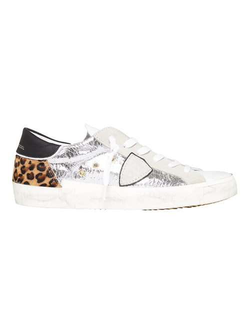 Philippe Model PRSX Low Sneaker in Mix Metal Leo Argent Beige